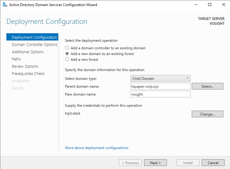 AD DS Configuration Wizard showing Add new domain selected, parent domain hq.apex-corp.xyz, new domain name vought